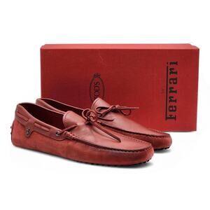 Tod's Red Leather Slip-On Loafers with Decorative Lacing